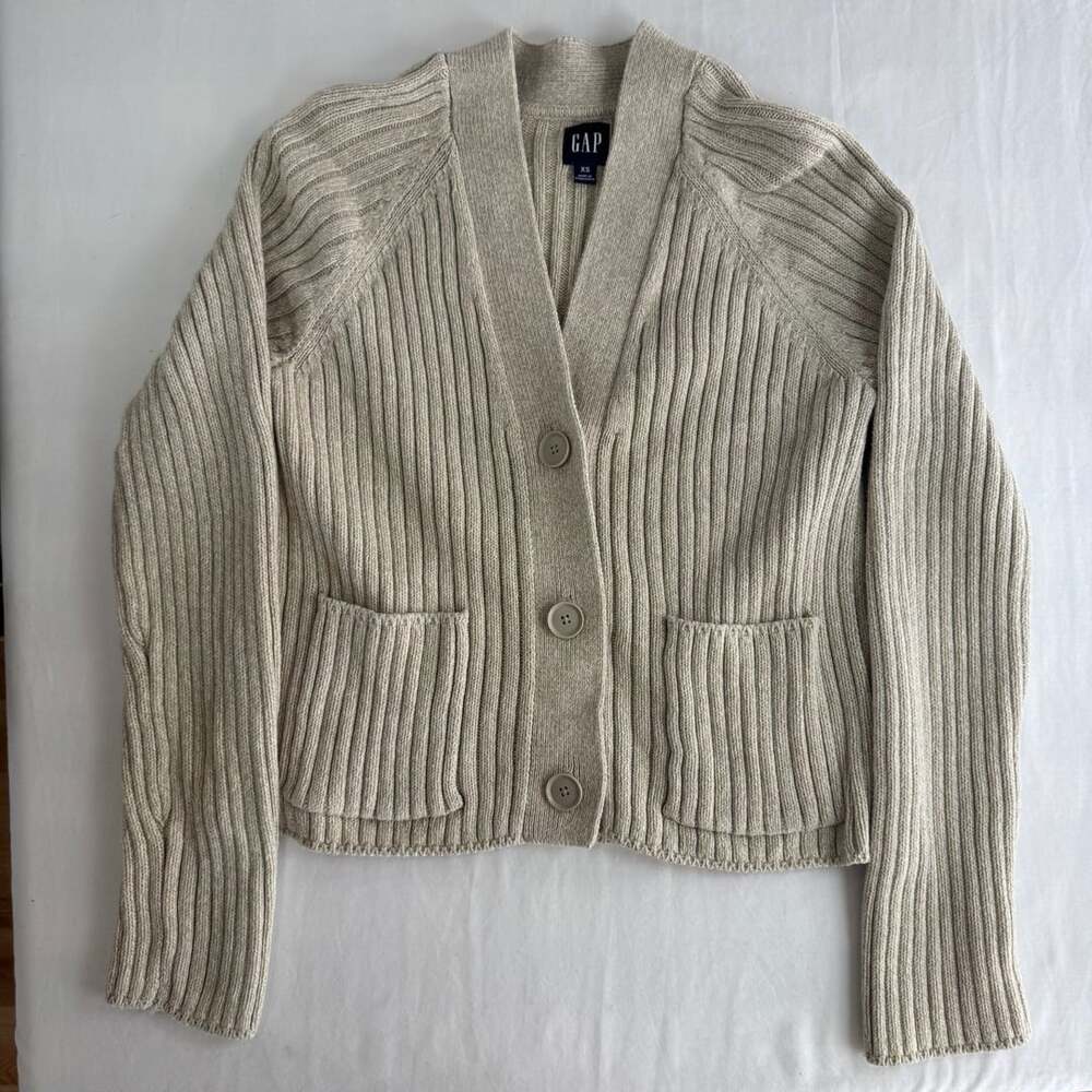 Gap Ribbed V-Neck Cardigan Size XS Beige Cotton Sweater